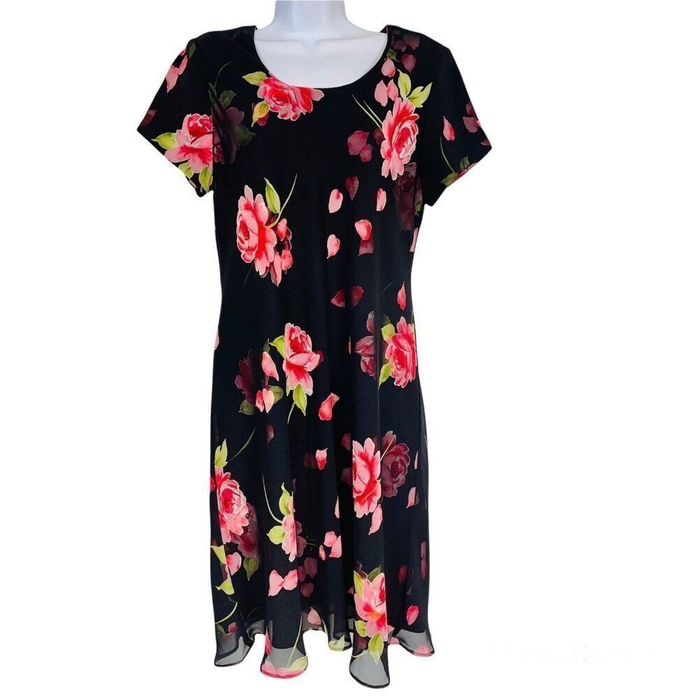 Vintage 90s Jessica Howard Dress Womens M Black Floral Shoulder Pads Chiffon